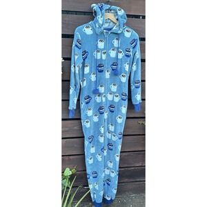 MUNKI MUNKI Hot Cocoa Winter Blue 1 Piece Fleece Hooded Zip Up Pjs Women's XS‎